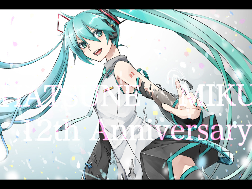 1girl anniversary aqua_eyes aqua_hair aqua_nails aqua_necktie bare_shoulders black_skirt black_sleeves black_thighhighs blouse character_name chimerism collar commentary confetti cowboy_shot detached_sleeves digital_dissolve dutch_angle fusion grey_collar hair_ornament hatsune_miku hatsune_miku_(vocaloid3) hatsune_miku_(vocaloid4) hatsune_miku_(vocaloid4)_(chinese) headphones highres index_finger_raised katai_uji letterboxed long_hair looking_to_the_side miniskirt nail_polish necktie open_mouth pleated_skirt shirt shoulder_tattoo skirt sleeveless sleeveless_shirt smile solo tattoo thighhighs twintails v4x very_long_hair vocaloid white_shirt zettai_ryouiki