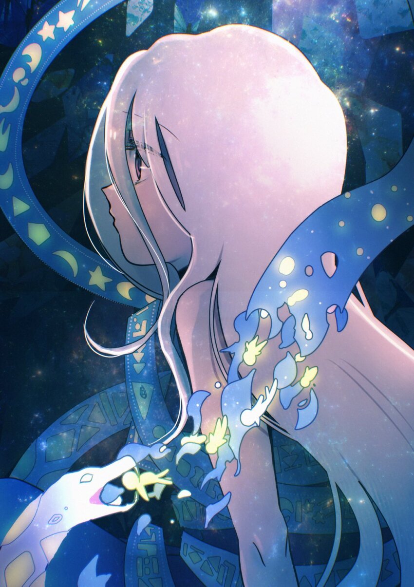 1girl bare_shoulders black_dress blue_background blue_ribbon breaking commentary_request crescent dress eating expressionless grey_hair hanada_hyou highres light_particles long_hair patterned_clothing pentagon_(shape) profile purple_eyes ribbon ribbon_around_body sitting snake solo star_(symbol) touhou triangle yuiman_asama