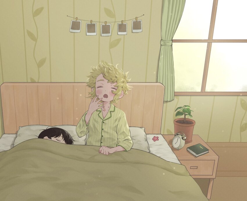 2boys alarm_clock alternate_costume basil_(faraway)_(omori) basil_(omori) blonde_hair blush clock closed_eyes collarbone flower_pot highres indoors long_sleeves male_focus messy_hair miranosub multiple_boys omori open_mouth pajamas photo_(object) plant potted_plant short_hair sleeping slice_of_life sunny_(omori) under_covers window