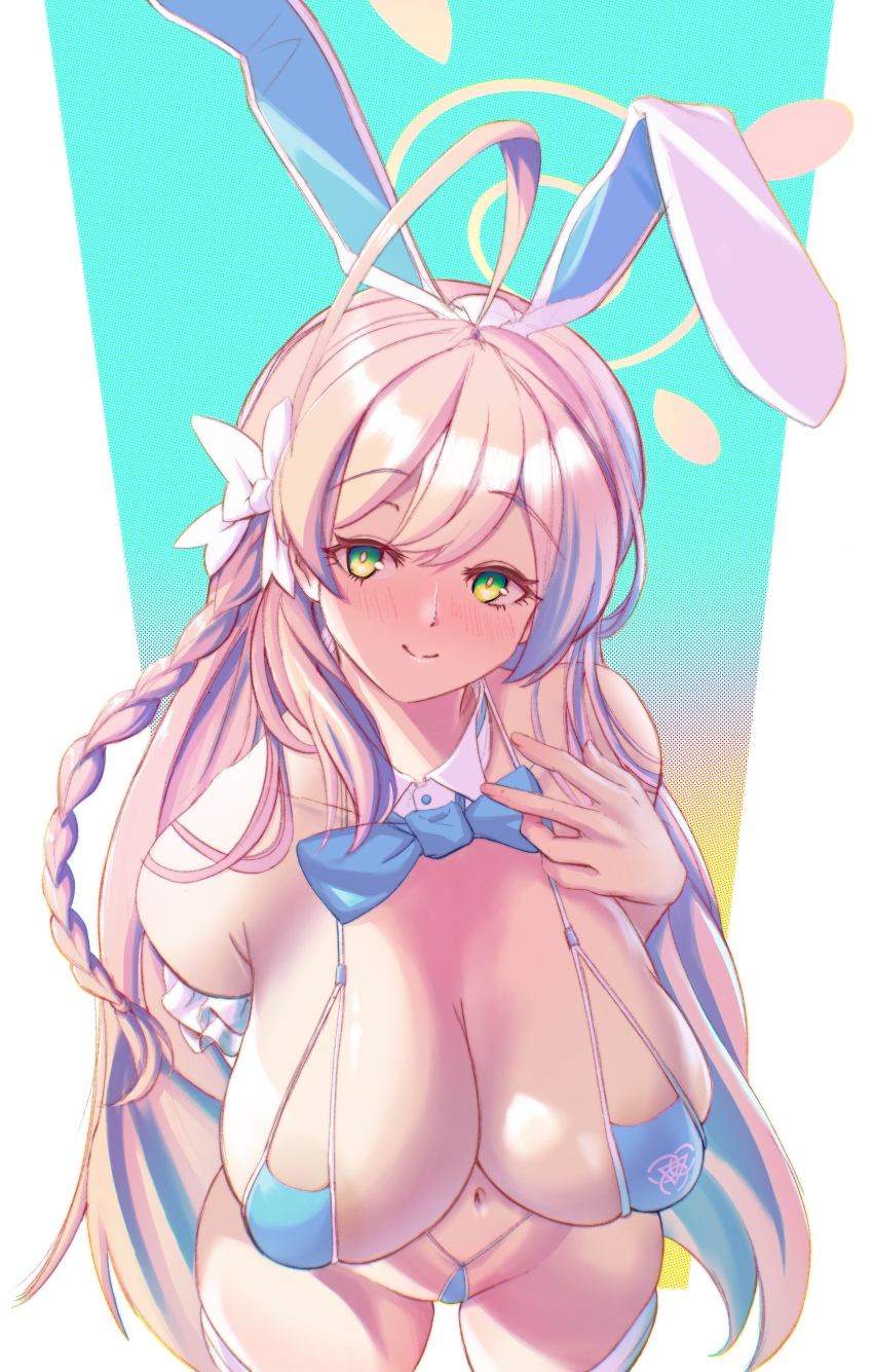 absurdres alternate_breast_size animal_ears bikini blue_archive bow bowtie breasts green_eyes hanako_(blue_archive) highres large_breasts looking_at_viewer micro_bikini nemojona pink_hair rabbit rabbit_ears slingshot_swimsuit string_bikini swimsuit