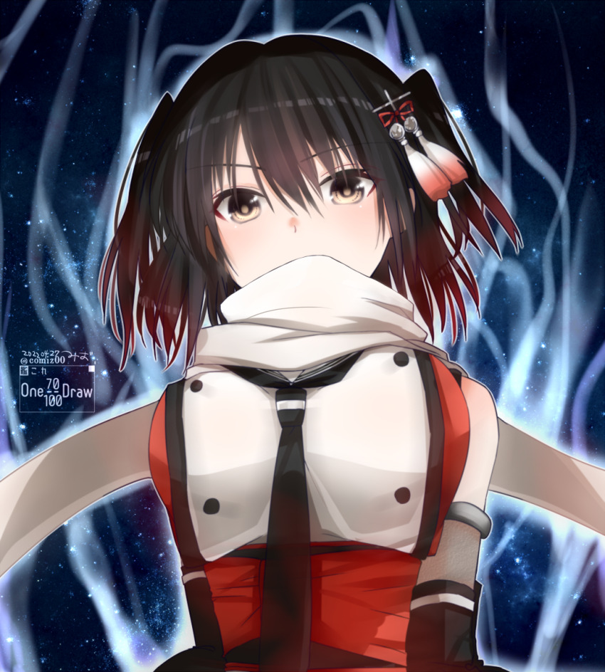 1girl aura bare_shoulders black_background black_gloves black_hair black_neckerchief black_sailor_collar blue_background breasts brown_eyes brown_pupils commentary covering_own_mouth dated dress elbow_gloves floating_scarf from_below gloves hair_between_eyes hair_ornament highres kantai_collection kimura_shiki large_breasts light_blush looking_at_viewer neckerchief night night_battle_idiot red_dress sailor_collar scarf sendai_(kancolle) short_hair sky sleeveless sleeveless_dress solo star_(sky) starry_sky twitter_username two_side_up upper_body white_scarf