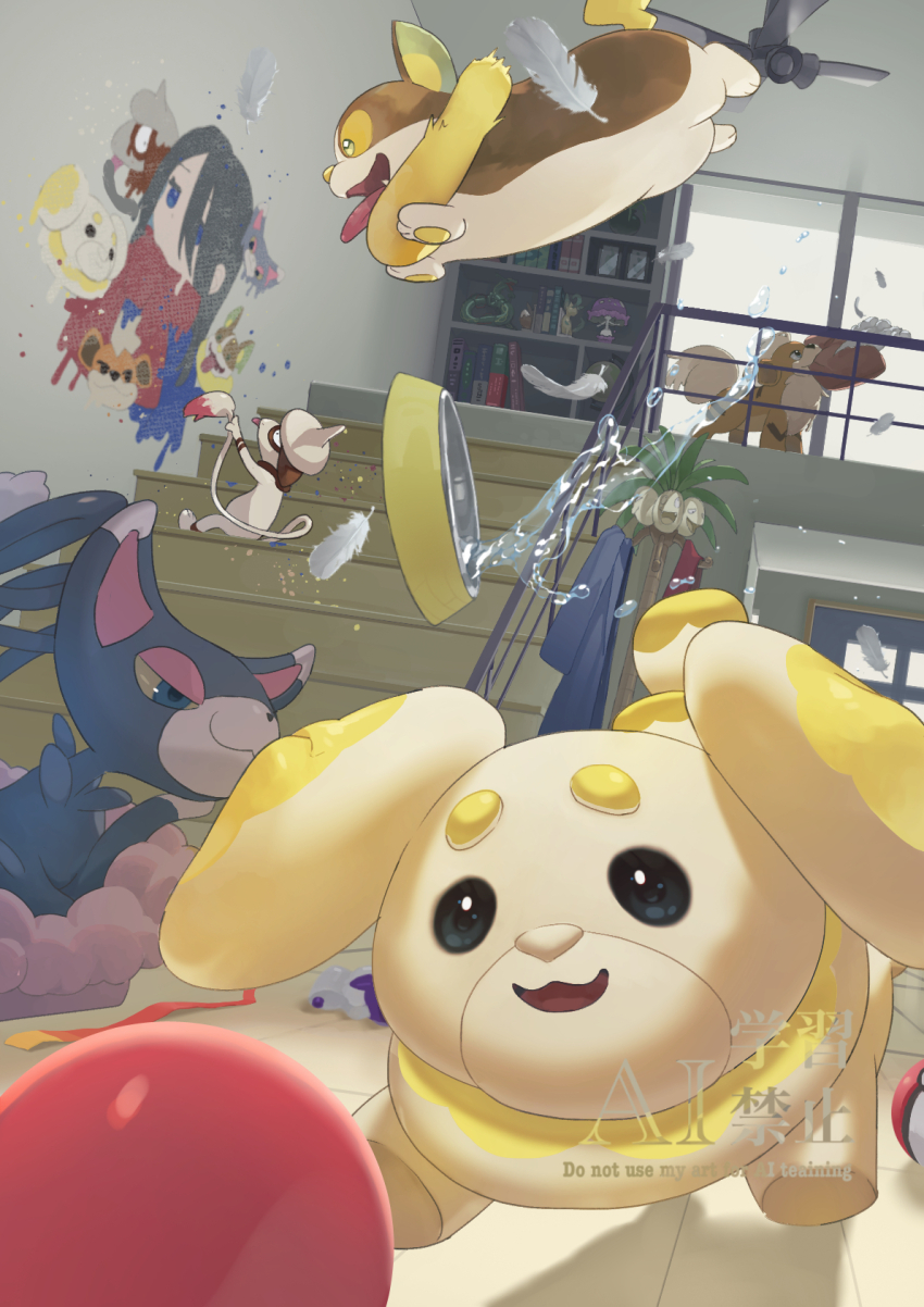 :d alolan_exeggutor alolan_form ball blue_eyes bowl ceiling ceiling_fan closed_mouth commentary feathers fidough gen_1_pokemon gen_2_pokemon gen_4_pokemon gen_7_pokemon glameow growlithe highres indoors kanataeni nintendo open_mouth painting_(action) pet_bowl pokemon pokemon_(creature) pokemon_focus shelf smeargle smile stairs water watermark