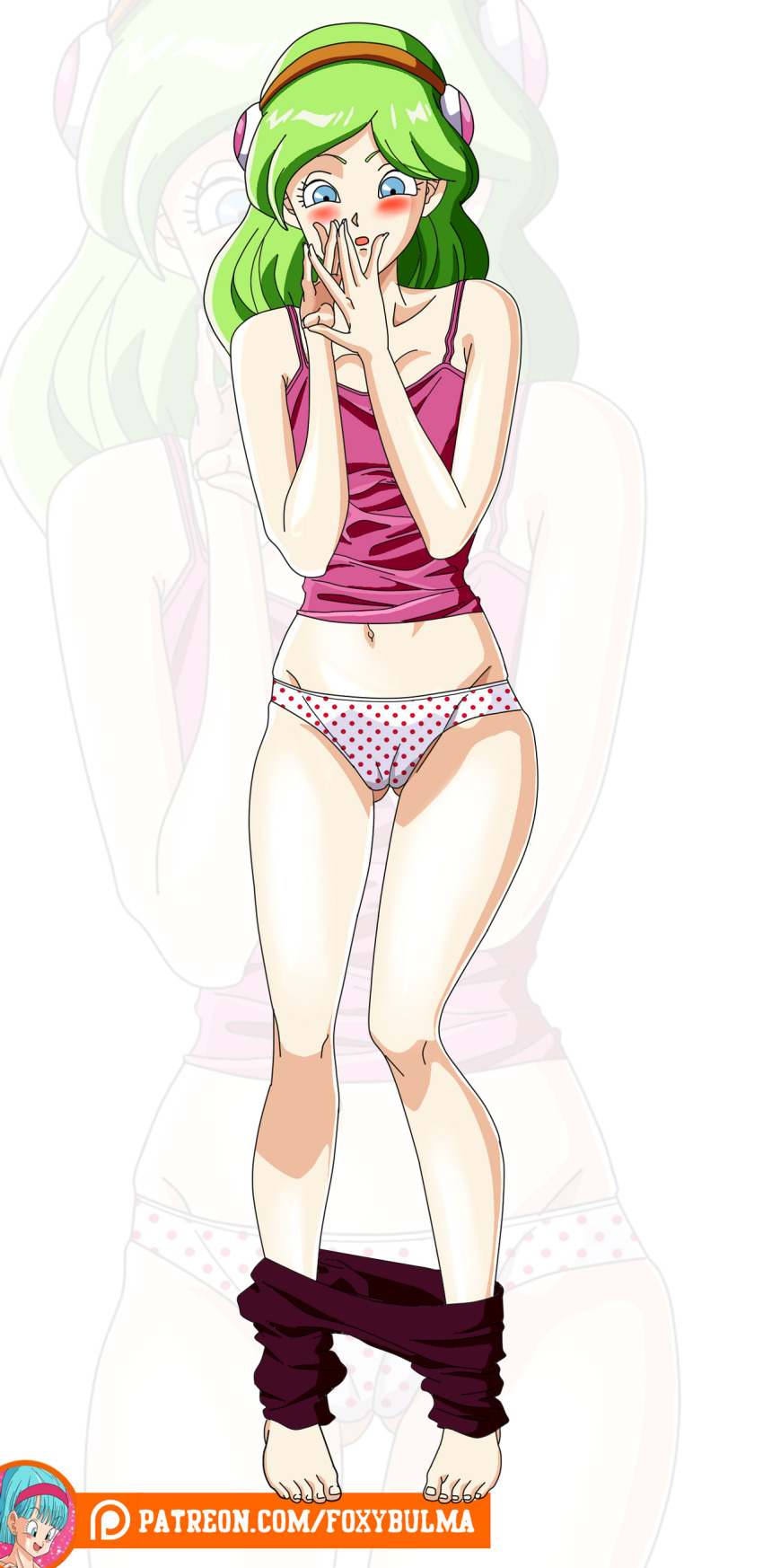 1girl absurdres blue_eyes blush brianne_de_chateau camisole clothes_pull dragon_ball dragon_ball_super embarrassed facing_viewer foxybulma green_hair highres looking_at_viewer panties pants pants_pull polka_dot polka_dot_panties solo underwear zoom_layer
