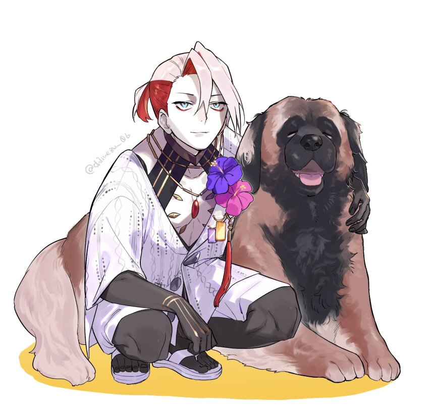 1boy blue_eyes bracelet chest_jewel dog eyeshadow eyeshadow_under_eye fate/grand_order fate_(series) flower full_body highres jewelry karna_(fate) karna_(summer_outfit)_(fate) makeup male_focus multicolored_hair pale_skin pink_eyeshadow pink_hair ponytail red_hair sandals shimezu_06 shirt short_hair smile solo squatting two-tone_hair white_shirt