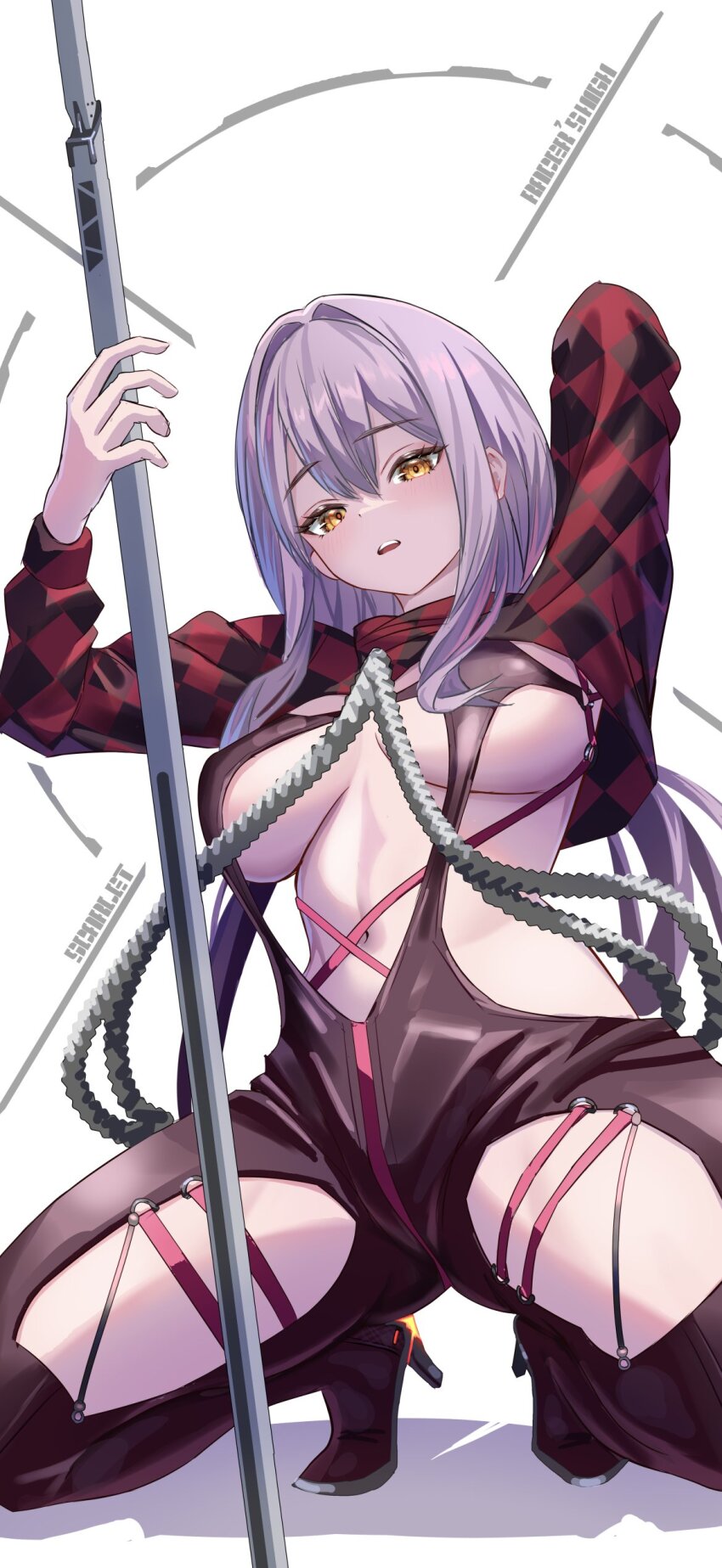 1girl absurdres body_chain bodysuit checkered_clothes checkered_shrug goddess_of_victory:_nikke highres latex latex_bodysuit official_alternate_costume racer&#039;s_high_(stellar_blade) red_shrug scarlet_(nikke) scarlet_(racer&#039;s_high)_(nikke) shift_up sideless_outfit solo stellar_blade type09_sachi