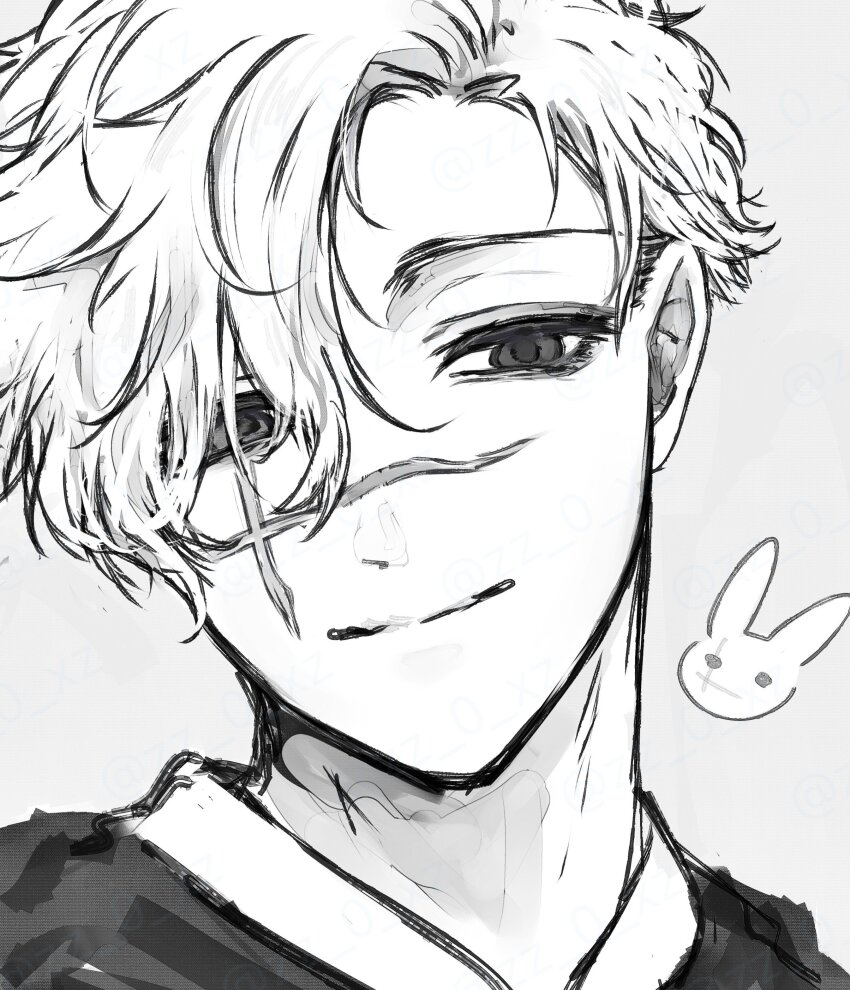 1boy absurdres blue_lock bunny_iglesias closed_mouth commentary_request hair_over_one_eye highres light_smile looking_at_viewer male_focus portrait scar scar_across_eye scar_on_face shirt short_hair simple_background solo zz_0_xz