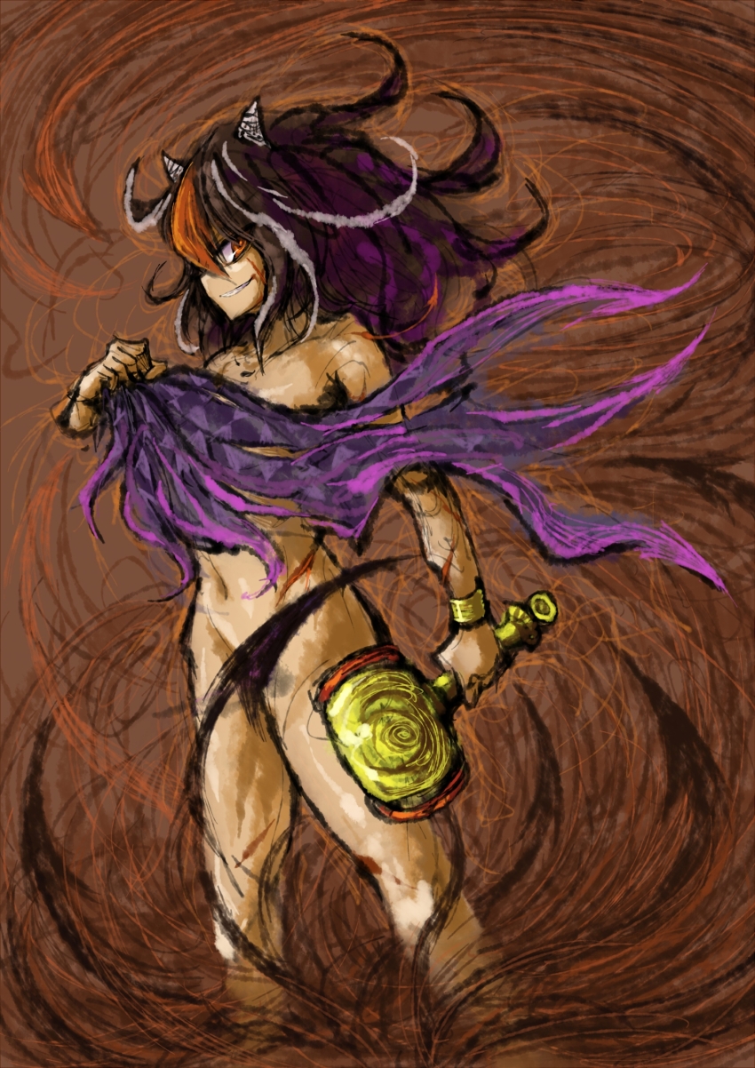 2b-ge black_hair chinese_commentary commentary_request convenient_censoring hair_between_eyes highres horns kijin_seija long_hair magic miracle_mallet multicolored_hair nimble_fabric nude one-hour_drawing_challenge orange_background orange_eyes orange_hair smirk touhou