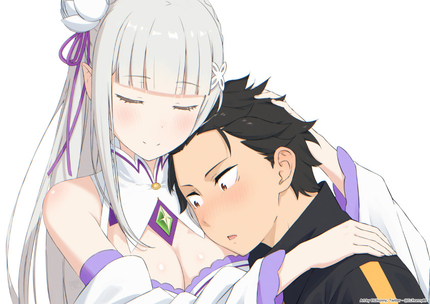 1boy 1girl artist_name bare_shoulders black_hair black_jacket blunt_bangs blush breasts brown_eyes cleavage closed_eyes closed_mouth clothing_cutout commentary detached_sleeves dress ecjhonny89 elf emilia_(re:zero) english_commentary flower grey_hair hair_ornament hair_ribbon hand_in_another&#039;s_hair hand_on_another&#039;s_head hand_on_another&#039;s_shoulder hetero hug jacket large_breasts long_hair looking_at_breasts male_focus natsuki_subaru open_mouth pointy_ears purple_ribbon re:zero_kara_hajimeru_isekai_seikatsu ribbon sanpaku short_hair simple_background sleeveless sleeveless_dress twitter_username upper_body white_background white_dress white_flower white_sleeves x_hair_ornament