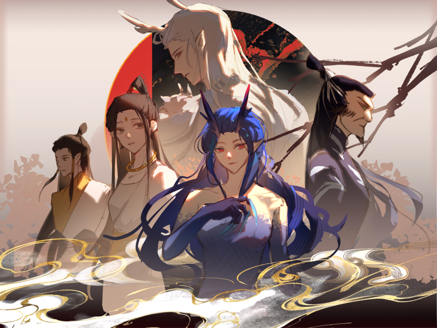2girls 3boys ao_guang_(nezha_zhi_motong_jiangshi) ao_run_(nezha_zhi_motong_jiangshi) beard black_hair blue_claws blue_hair brother_and_sister chinese_clothes dragon_girl dragon_horns facial_hair hetong_(nezha_zhi_motong_jiangshi) highres horns lgny2x long_hair lutong_(nezha_zhi_motong_jiangshi) multiple_boys multiple_girls nezha_zhi_motong_jiangshi red_eyes shen_gongbao_(nezha_zhi_motong_jiangshi) siblings very_long_hair