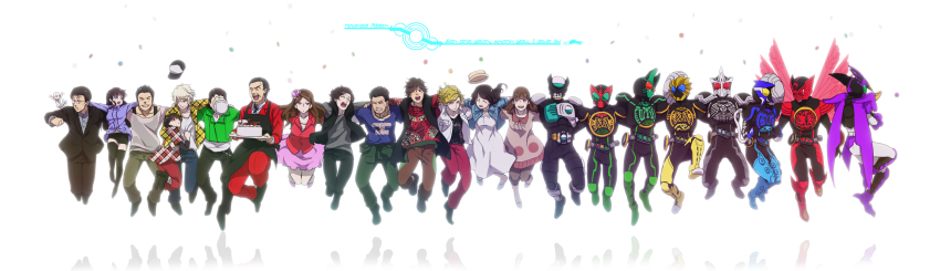 5girls 6+boys ankh_(ooo) cake date_akira everyone food gamel gotou_shintaro gotou_shintarou highres hino_eiji izumi_hina izumi_shingo jumping kamen_rider kamen_rider_birth kamen_rider_ooo kamen_rider_ooo_(series) kazari kougami_kousei long_image lost_ankh maki_kiyoto mezul multiple_boys multiple_girls multiple_persona putotyra_(ooo_combo) ratoratah_(ooo_combo) samurai10932 satonaka_erika shiraishi_chiyoko thighhighs uva wide_image