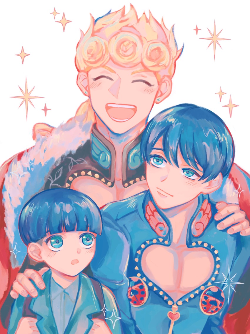 3boys :d :o ^_^ absurdres age_progression aged_down aqua_eyes black_hair black_jacket blonde_hair blue_jacket blunt_bangs blush bowl_cut braid bug cape cleavage_cutout closed_eyes clothing_cutout earrings fur-trimmed_cape fur_trim giorno_giovanna hand_on_another&#039;s_shoulder haruno_shiobana heart_cutout highres insect jacket jewelry jojo_no_kimyou_na_bouken ladybug ladybug_ornament male_focus medium_hair multiple_boys open_mouth pectoral_cleavage pectorals red_cape remiii_888 short_hair simple_background single_braid smile sparkle sparkle_background time_paradox vento_aureo white_background