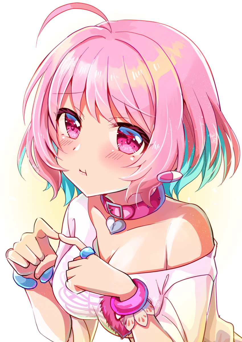 1girl absurdres ahoge aqua_hair bangle belt_collar blush bracelet breasts cleavage closed_mouth collar commentary_request earrings hands_up heart_collar heart_on_chest highres idolmaster idolmaster_cinderella_girls index_fingers_together jewelry keyhole large_breasts looking_at_viewer multicolored_hair off_shoulder own_hands_together pill_earrings pink_collar pink_eyes pink_hair pout ring sakura_ran shirt short_hair short_sleeves single_bare_shoulder skeleton_print solo t-shirt two-tone_hair upper_body white_background white_shirt wristband yumemi_riamu