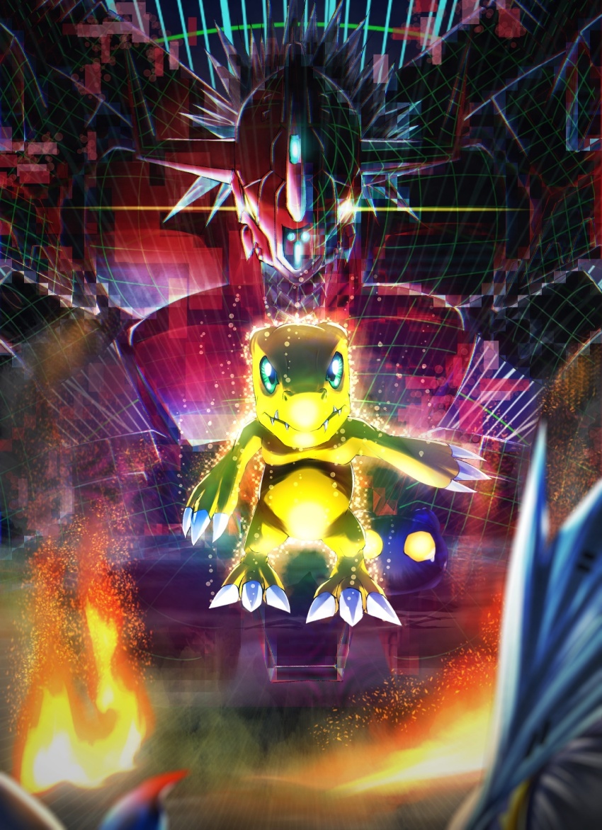 agumon blitzgreymon blue_eyes botamon claws digimon digimon_(creature) highres wireframe yellow_eyes