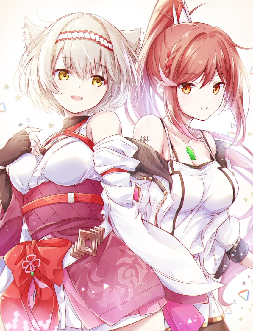 2girls chest_jewel cosplay costume_switch glimmer_(xenoblade) glimmer_(xenoblade)_(cosplay) half-siblings high_ponytail highres mio_(xenoblade) mio_(xenoblade)_(cosplay) multiple_girls ponytail siblings sisters ui_frara xenoblade_chronicles_(series) xenoblade_chronicles_3 xenoblade_chronicles_3:_future_redeemed