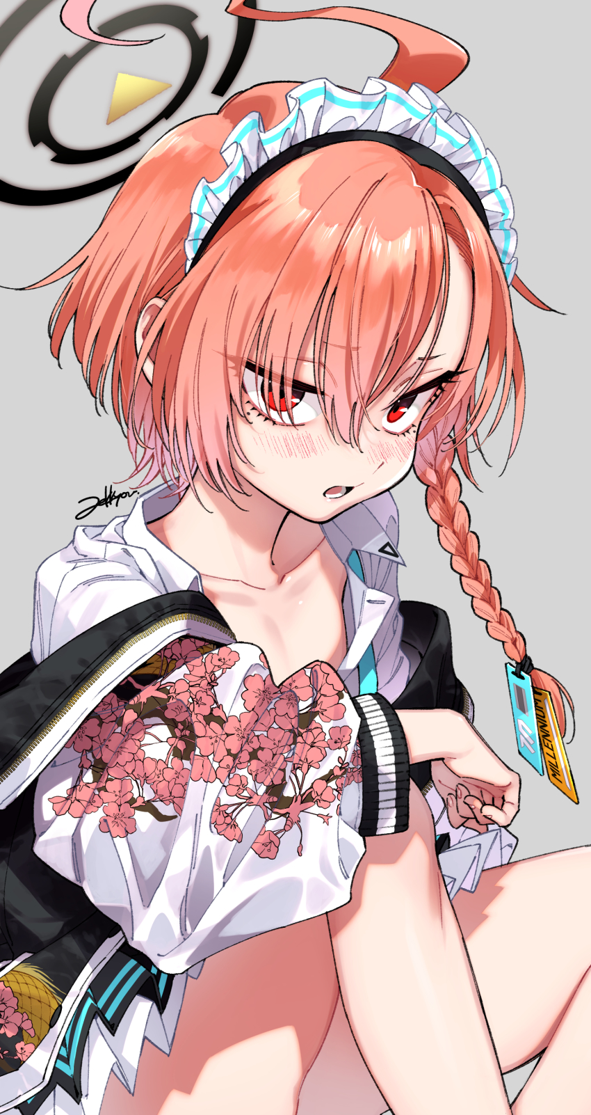 1girl absurdres ahoge asymmetrical_bangs blue_archive blush braid cherry_blossom_print cherry_blossoms collarbone floral_print grey_background halo highres jacket looking_at_viewer maid_headdress mole mole_under_eye necktie neru_(blue_archive) open_clothes open_jacket open_mouth orange_hair red_eyes simple_background single_braid skirt solo sukajan teeth undone_necktie zekkyou_(h9s9)