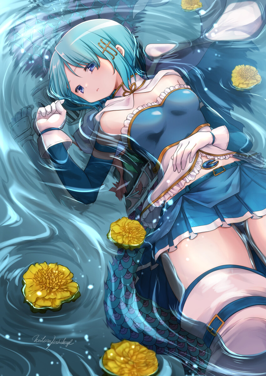 1girl afloat arm_strap belt blue_eyes blue_gemstone blue_hair blue_skirt blue_sleeves breasts cape commentary_request detached_sleeves fins fish_tail flower fortissimo gem gloves hair_ornament helmet highres hoshikage_wataru magical_girl mahou_shoujo_madoka_magica mahou_shoujo_madoka_magica_(anime) medici_collar mermaid miki_sayaka miki_sayaka_(magical_girl) monster_girl musical_note musical_note_hair_ornament oktavia_von_seckendorff parted_lips pleated_skirt shirt short_hair skirt soul_gem stomach_jewel strapless strapless_shirt tail thigh_belt thigh_strap thighhighs water white_cape white_gloves white_shirt white_thighhighs witch_(madoka_magica) yellow_flower