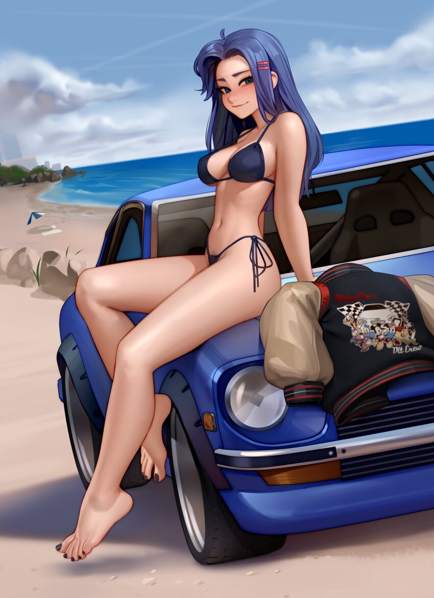 1girl absurdres barefoot beach bikini black_bikini black_nails blue_eyes blue_hair blue_sky car cloud commentary commission english_commentary fairlady_z_(s30) feet full_body highres horizon kairunoburogu long_hair looking_at_viewer motor_vehicle nail_polish navel nissan nissan_fairlady_z ocean original outdoors side-tie_bikini_bottom sitting sky smile solo swimsuit thighs toenail_polish toenails toes vehicle_request