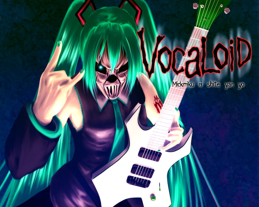 1girl \n/ aqua_eyes aqua_hair detached_sleeves electric_guitar guitar hatsune_miku heavy_metal highres holding holding_guitar holding_instrument instrument mask mick_thomson minatsuki_tooka shirt sleeveless sleeveless_shirt slipknot twintails vocaloid