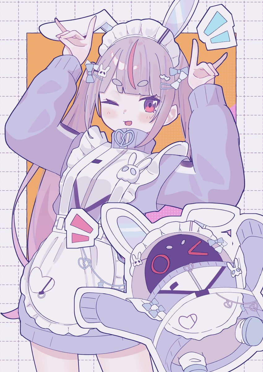 1girl absurdres apron arms_up bangboo_(zenless_zone_zero) blush bow cattleya_regina_games commentary_request cosplay cowboy_shot crossover double_fox_shadow_puppet fox_shadow_puppet hair_bow hair_ornament hairclip highres jersey_maid long_hair looking_at_viewer maid maid_apron maid_headdress multicolored_hair multiple_hair_bows one_eye_closed purple_hair red_eyes red_hair shimoyake_(lethal_penguin) solo streaked_hair tosaki_mimi tosaki_mimi_(4th_costume) tosaki_mimi_(cosplay) two-tone_hair unconventional_maid very_long_hair virtual_youtuber vspo! zenless_zone_zero