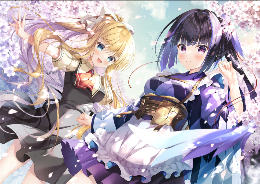 2girls :d air_(visual_novel) apron ascot black_dress black_hair blonde_hair blue_eyes blue_sky branch breasts brown_shirt checkered_clothes checkered_kimono cloud commentary_request company_connection crossover day dress flower frilled_apron frills hair_ribbon highres japanese_clothes kamio_misuzu karasuba_(prima_doll) key_(company) kimono long_hair medium_breasts multicolored_hair multiple_girls open_mouth outdoors outstretched_arms petals pleated_skirt ponytail prima_doll_(anime) puffy_short_sleeves puffy_sleeves purple_eyes purple_hair purple_kimono purple_skirt red_ascot ribbon school_uniform shirt short_sleeves skirt sky smile spread_arms streaked_hair takano_yuki_(allegro_mistic) very_long_hair white_apron white_flower white_ribbon