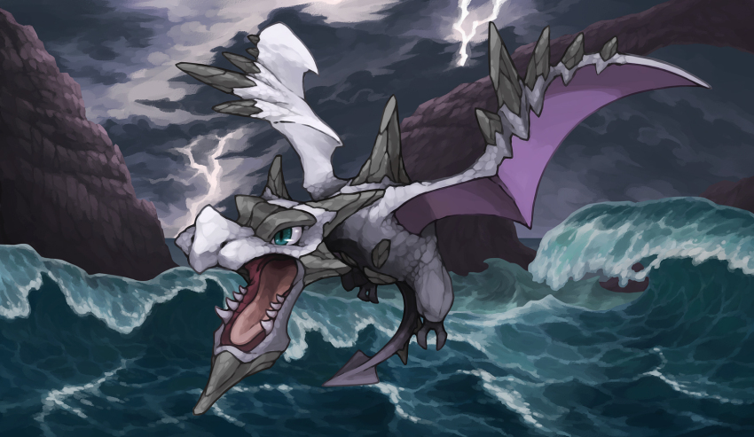 aerodactyl blue_eyes cloud cloudy_sky commentary_request flying gen_1_pokemon highres lightning mega_aerodactyl mega_pokemon nintendo no_humans ocean open_mouth overcast pearl7 photoshop_(medium) pokemon pokemon_(creature) pokemon_focus scales sky solo spikes spread_wings storm stormy_waters waves