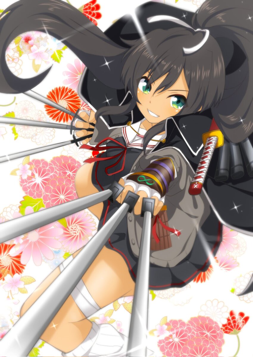 1girl bandaged_leg bandages betterthanbone2 black_hair breasts dark-skinned_female dark_skin dress flower green_eyes homura_(senran_kagura) jacket large_breasts long_hair ponytail senran_kagura short_dress socks sword weapon