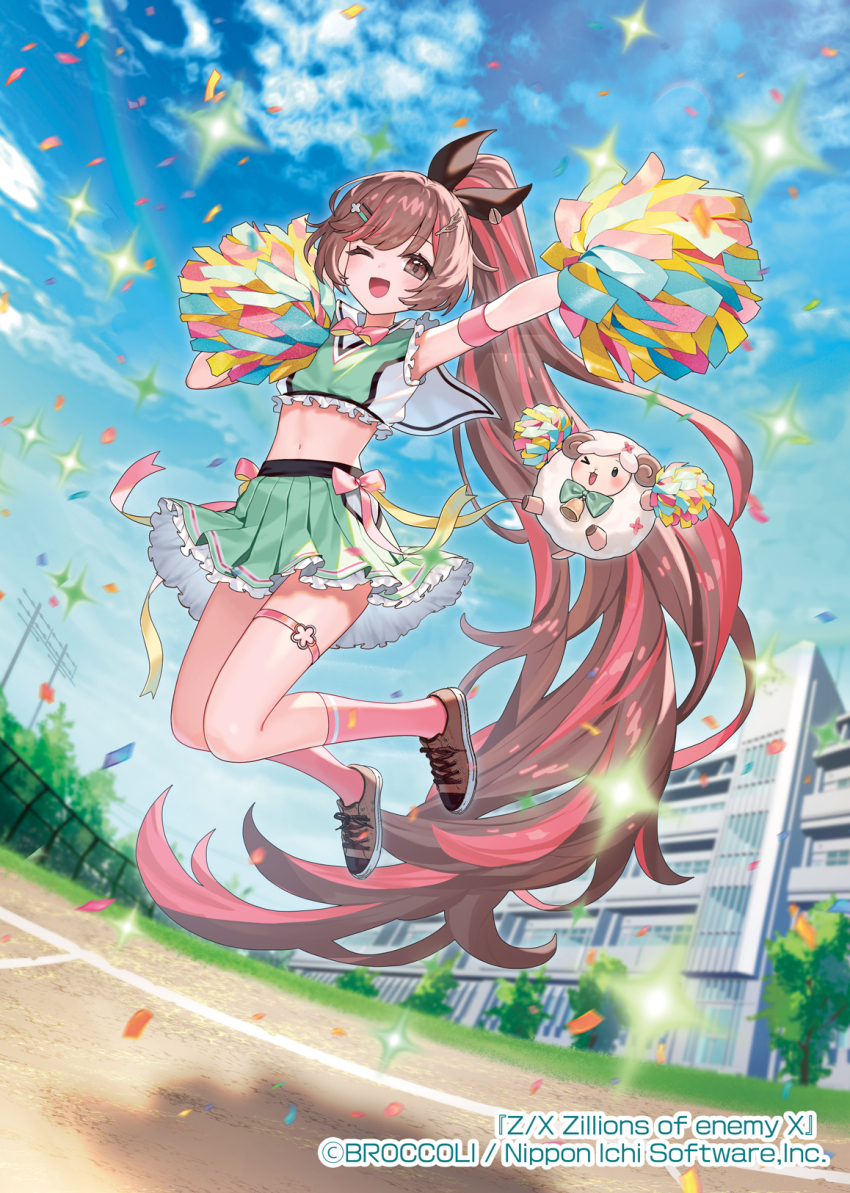1girl black_bow blue_sky bow bowtie brown_eyes brown_hair brown_shoes building cheerleader cloud cloudy_sky colette_(z/x) confetti copyright_notice hair_bow hair_ornament hairpin high_ponytail highres holding holding_pom_poms jumping kneehighs long_hair looking_at_viewer mascot midriff multicolored_hair navel official_art one_eye_closed open_mouth outdoors pink_bow pink_bowtie pink_hair pink_socks pom_pom_(cheerleading) pom_poms ponytail shoes sky socks sparkle thigh_strap tsunakawa very_long_hair z/x