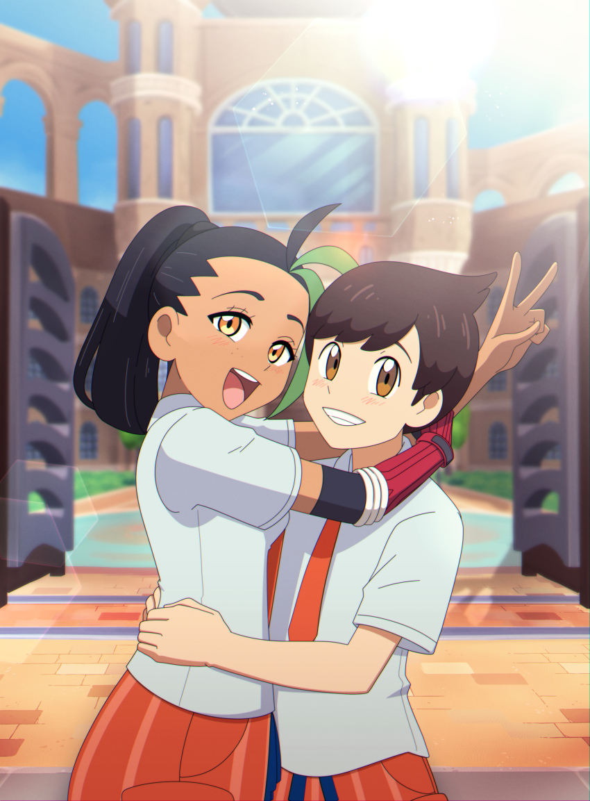 absurdres ahoge arms_around_neck black_hair brown_hair commission cowlick dark_skin florian_(pokemon) freckles hands_on_another&#039;s_waist highres naranja_academy_school_uniform necktie nemona_(pokemon) nintendo open_mouth orange_eyes orange_necktie orange_pants outdoors pants pok3d pokemon pokemon_sv school shirt smile sunlight v white_shirt