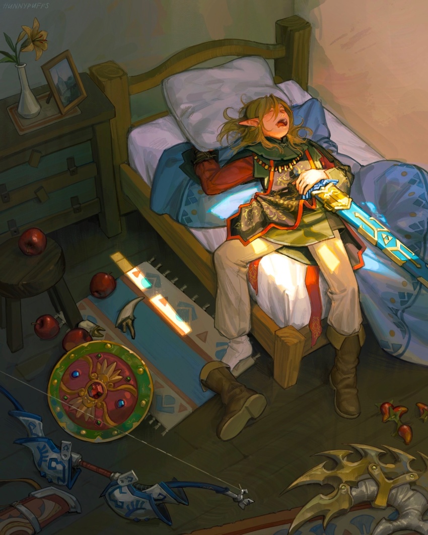 1boy apple armor bed bedroom blanket boots bow_(weapon) dappled_sunlight elf flower food from_above fruit highres link long_hair long_sleeves master_sword nintendo on_bed open_mouth pants picture_frame pillow pointy_ears red_shirt scabbard shannon_xie sheath shield shirt solo stool sunlight sword the_legend_of_zelda the_legend_of_zelda:_tears_of_the_kingdom tunic vase weapon white_pants wooden_floor
