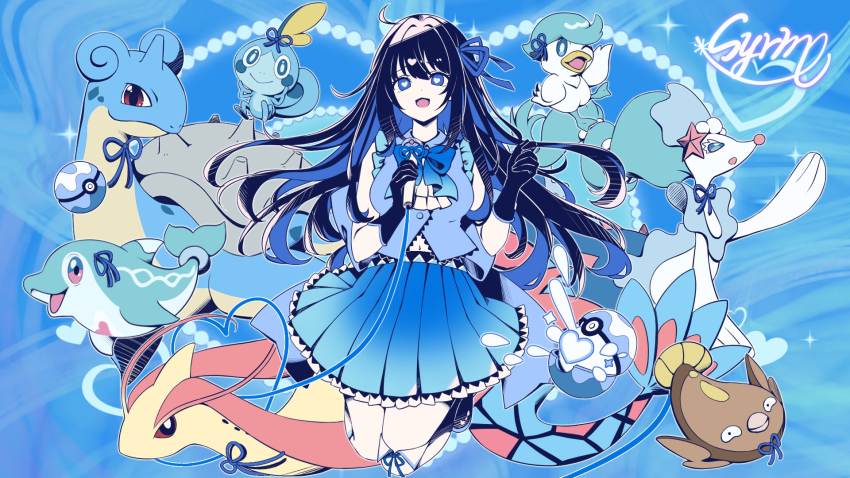 1girl ahoge alternate_costume black_gloves black_hair blue_eyes blue_ribbon blue_shirt blue_skirt breasts collared_shirt commentary full_body gen_1_pokemon gen_3_pokemon gen_5_pokemon gen_7_pokemon gen_8_pokemon gloves hair_ornament hair_ribbon heart heart-shaped_pupils heart_hair_ornament highres holding holding_microphone idol indie_virtual_youtuber jumping lapras large_breasts long_hair looking_at_viewer microphone milotic navel nintendo open_mouth otosaki_rita palafin pleated_skirt poke_ball pokemon pokemon_(creature) primarina quaxly ribbon shirt signature skirt sleeveless sleeveless_shirt smile sobble stunfisk symbol-shaped_pupils virtual_youtuber yunagi_(arukumaruta)