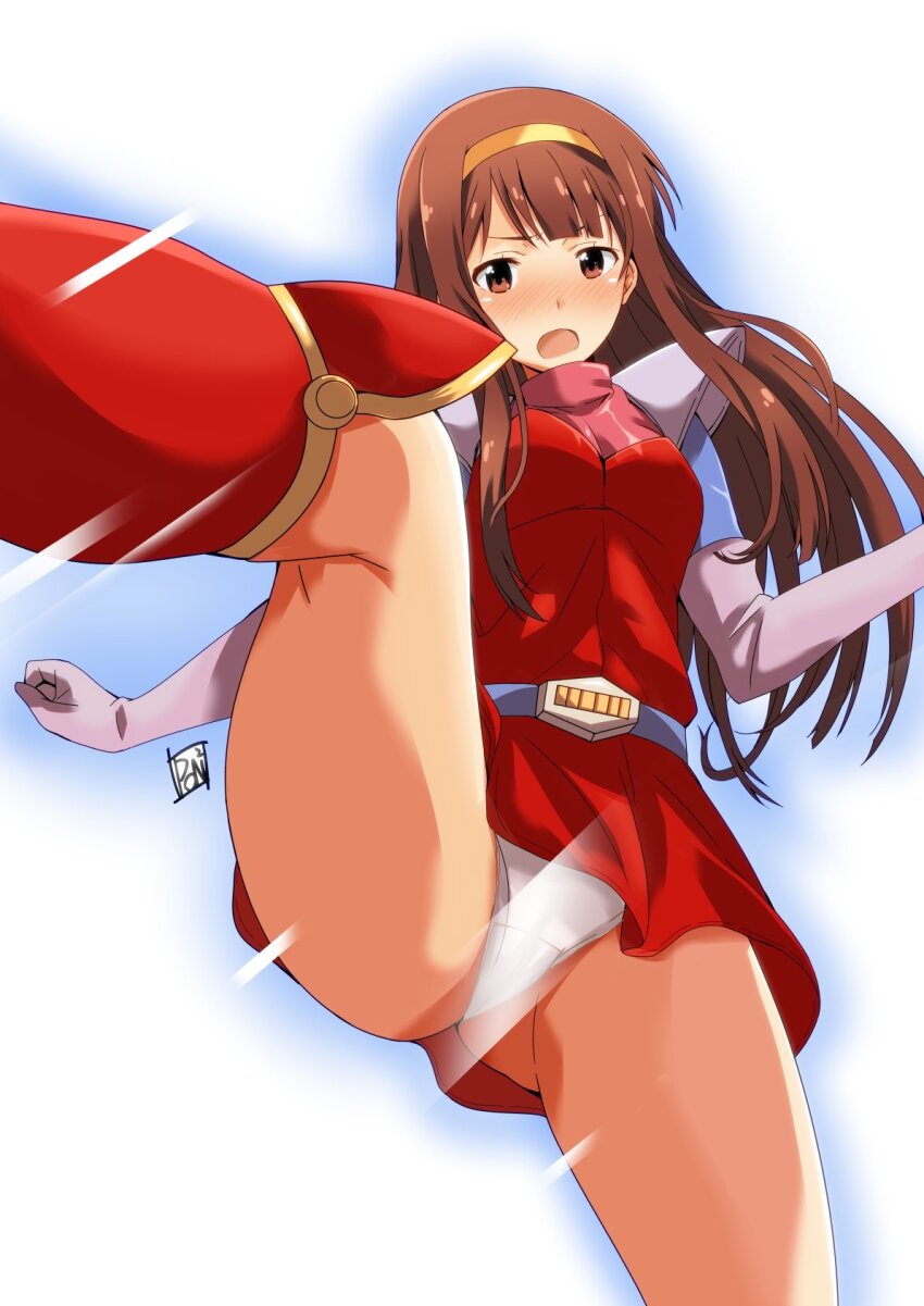 1girl belt blue_belt blush boots breasts brown_eyes brown_hair cosplay dress elbow_gloves from_below gloves hairband highres idolmaster idolmaster_million_live! idolmaster_million_live!_theater_days kanda_momo kanda_momo_(cosplay) kicking knee_boots leg_up long_hair looking_at_viewer magical_girl medium_breasts open_mouth panties pantyshot ponpon purple_gloves red_boots red_dress shoulder_pads shy sidelocks signature solo tanaka_kotoha underwear white_background white_panties wonder_momo yellow_hairband