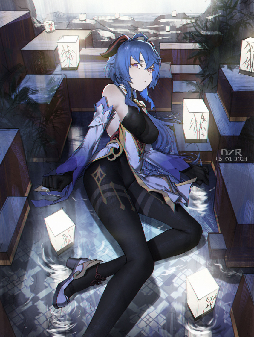 1girl absurdres ahoge bare_shoulders bell black_gloves black_leotard black_pantyhose blue_hair breasts closed_mouth danzir detached_sleeves ganyu_(genshin_impact) genshin_impact gloves high_heels highres horns lantern large_breasts leotard long_hair long_sleeves looking_at_viewer neck_bell on_bed pantyhose purple_eyes solo very_long_hair water white_footwear