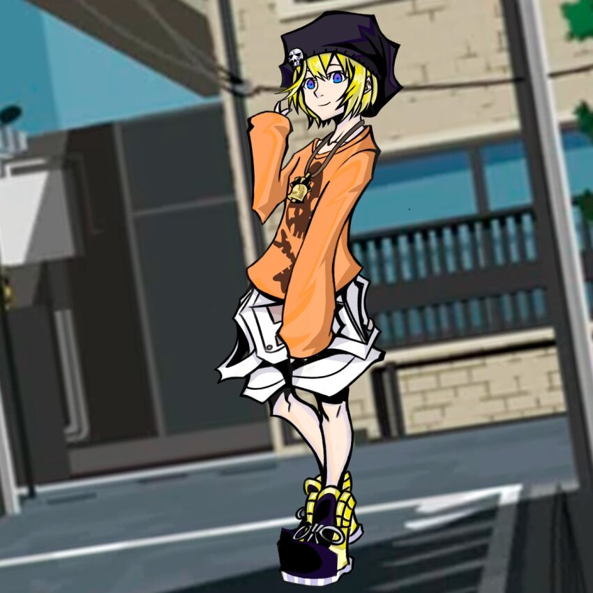 1girl beanie bell bito_raimu black_hat blonde_hair blue_eyes female_focus full_body hat highres jewelry necklace orange_shirt outdoors shirt shorts skull_pin skull_print smile solo standing subarashiki_kono_sekai white_shorts
