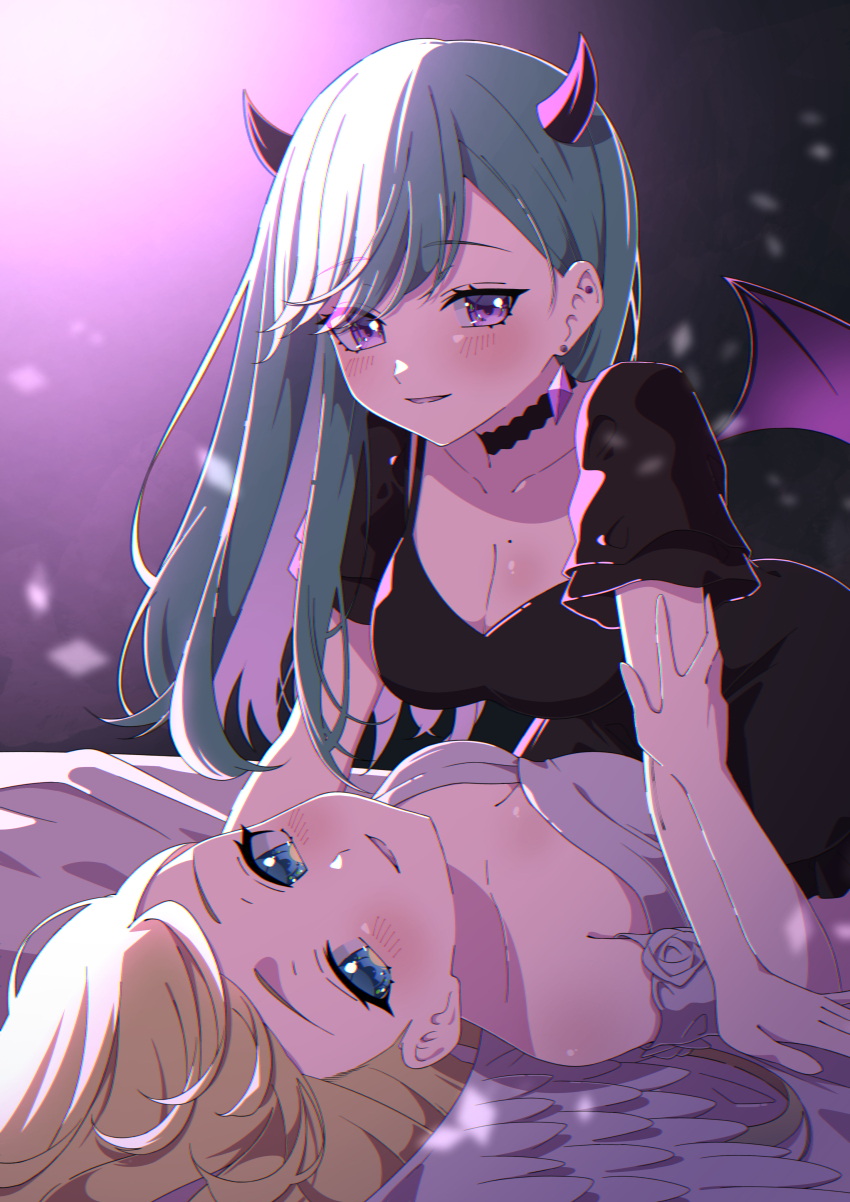2girls absurdres aizawa_ema akashi_(4kc_27) angel angel_and_devil angel_wings bare_shoulders bed black_choker black_dress black_horns black_vs_white black_wings blonde_hair blue_eyes blush breasts choker cleavage colored_inner_hair commentary demon_girl demon_horns demon_wings dress ear_piercing earrings feathered_wings girl_on_top green_hair hair_behind_ear hand_on_another&#039;s_arm highres horns jewelry large_breasts long_hair looking_at_viewer lying mole mole_on_breast multicolored_hair multiple_girls on_back parted_lips piercing purple_eyes purple_hair purple_horns purple_wings short_sleeves smile swept_bangs virtual_youtuber vspo! white_dress white_wings wings yakumo_beni yuri