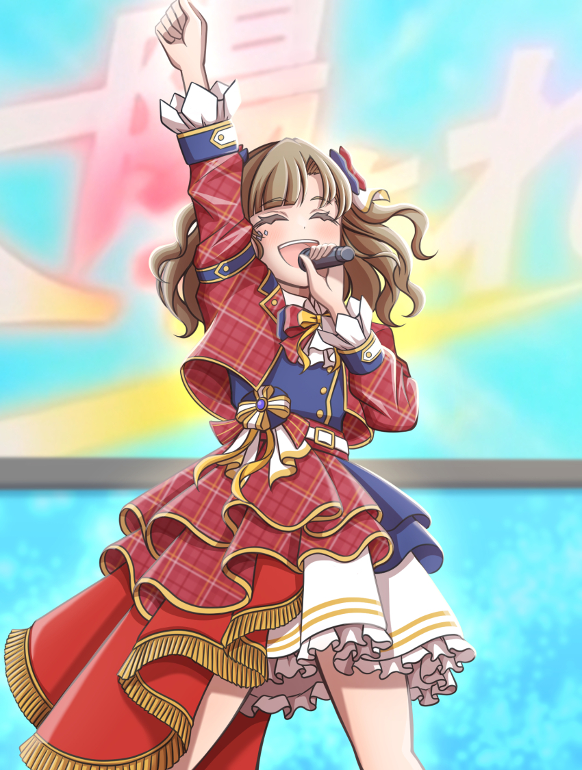 1girl 5th_live_tour_~4pair_power_spread!!!!~ :d ^_^ arm_up blue_background blue_vest blush brown_hair closed_eyes collared_shirt commentary_request curtained_hair dress_shirt facing_viewer feet_out_of_frame frilled_skirt frills ganbarai highres holding holding_microphone jacket kachimachi_kosuzu link!_like!_love_live! long_hair long_sleeves love_live! microphone miniskirt music official_alternate_costume open_clothes open_jacket open_mouth parted_bangs plaid_clothes plaid_jacket plaid_skirt raised_fist red_jacket red_skirt shirt side_part singing skirt smile solo taiyou_de_are! teeth upper_teeth_only vest virtual_youtuber white_shirt