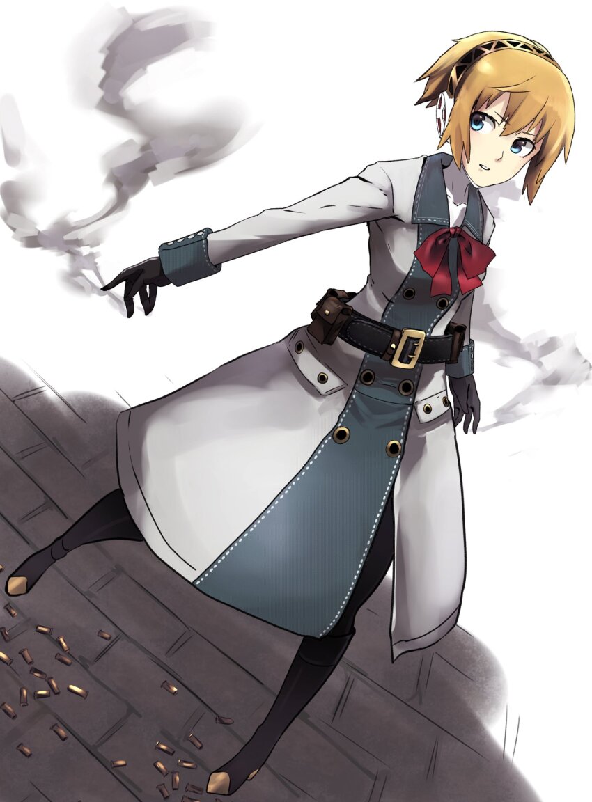1girl aigis_(persona) android belt blonde_hair blue_eyes cosplay dress end_of_eternity full_body gloves hairband highres pantyhose persona persona_3 rdc7229 reanbell short_hair skirt solo