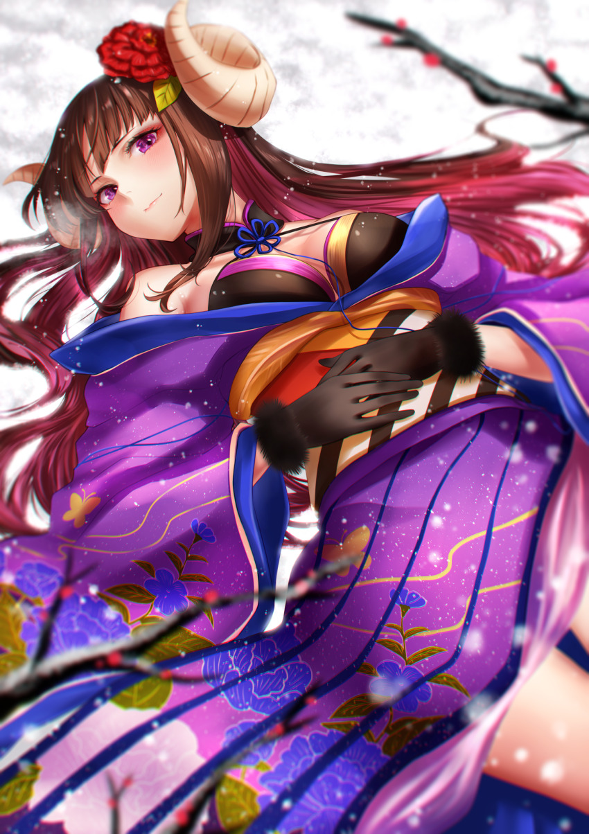 1girl azur_lane bare_shoulders black_gloves blush breasts brown_hair closed_mouth colored_inner_hair curled_horns eyeliner fake_horns flower gloves hair_flower hair_ornament highres horns japanese_clothes kimono large_breasts long_hair looking_at_viewer lying makeup multicolored_hair necomilk official_alternate_costume on_back pink_hair purple_eyes purple_kimono red_eyeliner red_flower snow solo suruga_(azur_lane) suruga_(hundred_flower&#039;s_auspice)_(azur_lane) tanuki