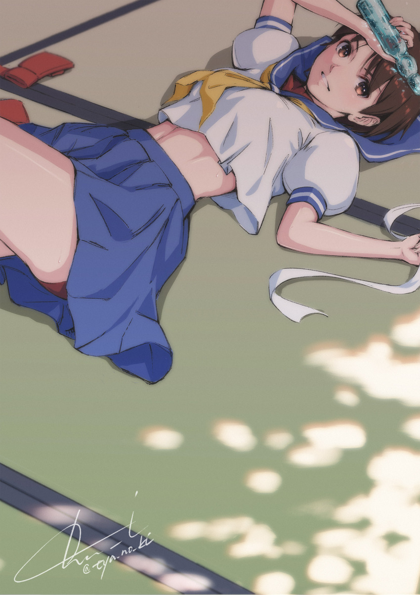 1girl absurdres artist_name blue_skirt bottle breasts brown_eyes brown_hair commentary_request highres holding indoors kasugano_sakura looking_at_viewer lying medium_breasts on_back on_floor panties parted_lips pleated_skirt puffy_short_sleeves puffy_sleeves sailor_collar school_uniform serafuku shadow short_hair short_sleeves signature skirt smile solo street_fighter street_fighter_zero_(series) tatami thighs tyanoki underwear