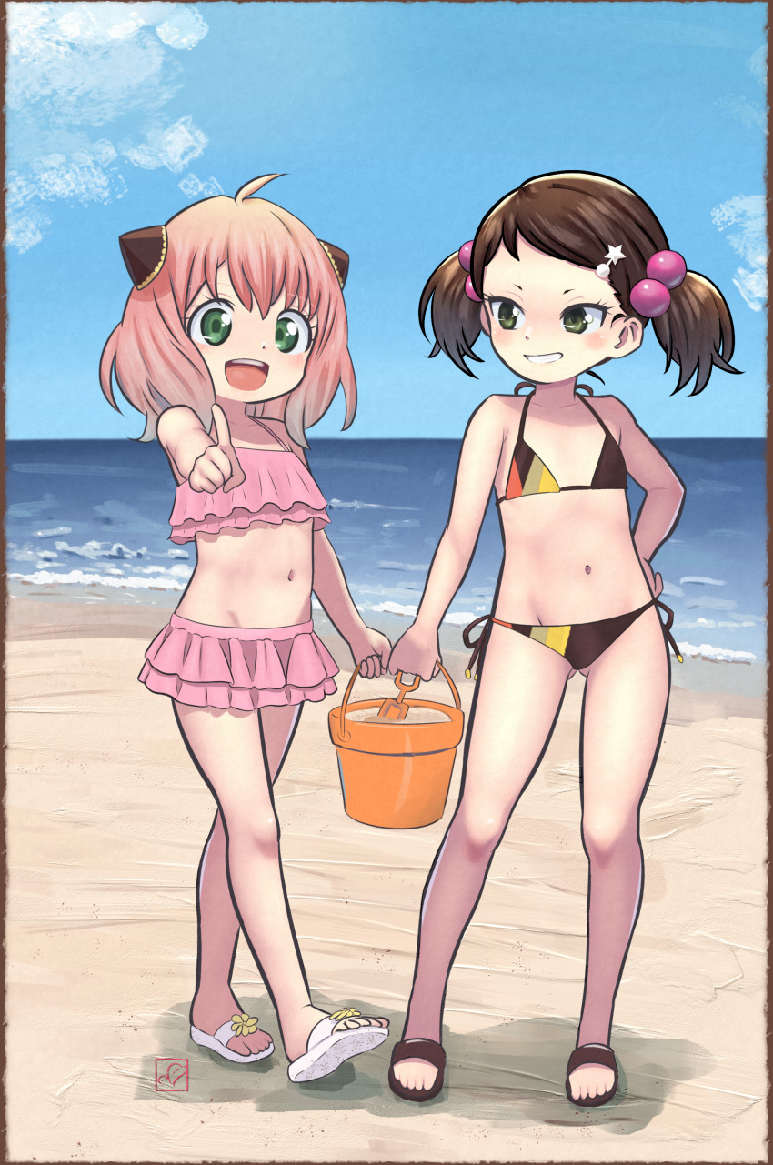2girls absurdres ahoge anya_(spy_x_family) beach becky_blackbell bikini black_bikini blue_sky brown_hair brown_sandals bucket commentary day elementary_(lolipope) english_commentary flat_chest green_eyes hair_bobbles hair_ornament hairclip hairpods highres holding holding_bucket medium_hair multiple_girls navel ocean open_mouth outdoors pink_bikini pink_hair pointing pointing_at_viewer ruffle_bikini sandals side-tie_bikini_bottom sky spy_x_family standing star_(symbol) star_hair_ornament swimsuit teeth toes twintails upper_teeth_only white_sandals
