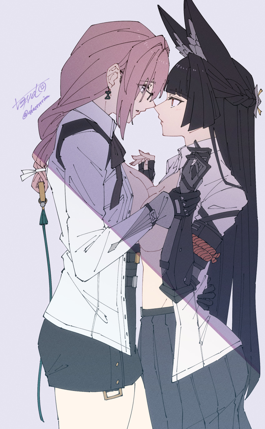 2girls absurdres animal_ears asymmetrical_docking black_gloves black_hair black_skirt blush braid breast_press breasts breasts_out cherrrim collared_shirt commentary earrings elbow_gloves fingerless_gloves fox_ears glasses gloves half_up_braid highres holding_another&#039;s_wrist hoshimi_miyabi jewelry large_breasts long_hair multiple_girls nose_blush open_clothes open_shirt parted_lips pink_hair pleated_skirt purple_background shirt signature simple_background single_braid skirt tsukishiro_yanagi twitter_username white_shirt yuri zenless_zone_zero
