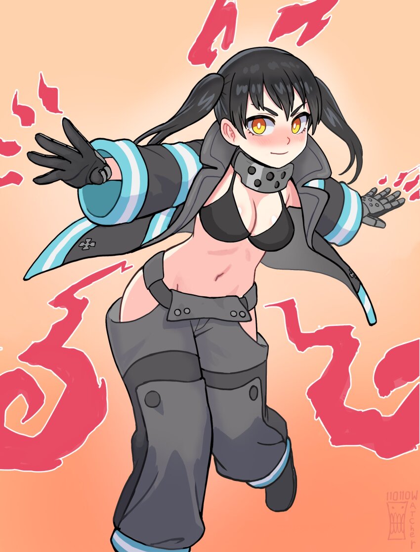 1girl absurdres baggy_pants bikini bikini_top_only black_bikini black_gloves black_hair blush breasts clothing_cutout commentary en&#039;en_no_shouboutai english_commentary fiery_ears gloves grey_pants groin highres hip_vent jacket long_sleeves looking_at_viewer medium_breasts metal_gloves navel open_clothes open_jacket orange_background orange_eyes outstretched_arms pants simple_background smile solo spread_arms stomach swimsuit tamaki_kotatsu twintails v-shaped_eyebrows watcher_hollow