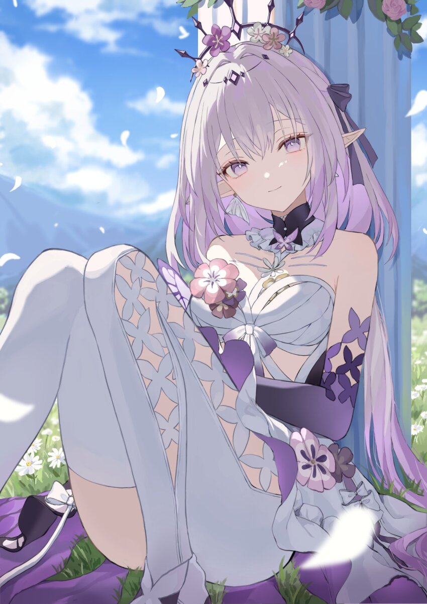 1girl bare_shoulders black_tiara blue_sky breasts castorice_(honkai:_star_rail) commentary_request dress flower flower_ornament hair_flower hair_ornament highres honkai:_star_rail honkai_(series) kiina_(mrnsor) looking_at_viewer medium_breasts on_grass outdoors pantyhose pink_flower pointy_ears purple_eyes purple_hair purple_hands single_leg_pantyhose single_thighhigh sky smile solo stone_pillar thighhighs thighs tiara white_dress white_pantyhose white_thighhighs