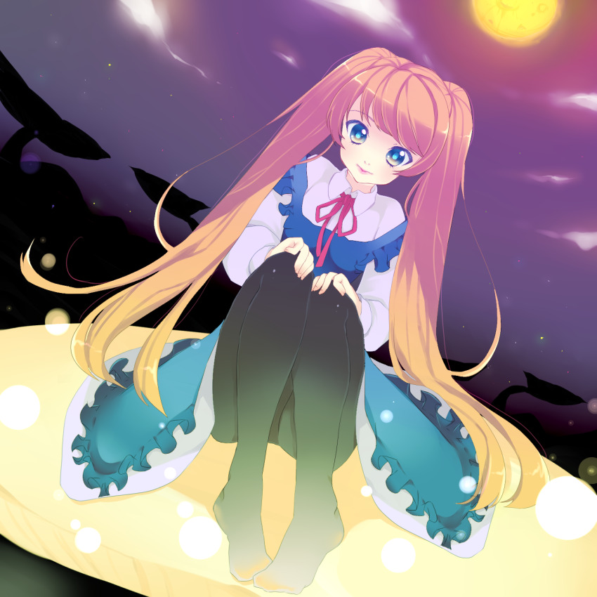 1girl alice_(alice_in_wonderland) alice_in_wonderland black_pantyhose blonde_hair blue_dress blue_eyes blush closed_mouth cloud commentary_request draw2_(milkcrown) dress full_body full_moon highres long_hair looking_at_viewer moon neck_ribbon no_shoes orange_moon pantyhose pinafore_dress purple_sky red_ribbon ribbon shirt sky sleeveless sleeveless_dress smile solo twintails very_long_hair white_shirt