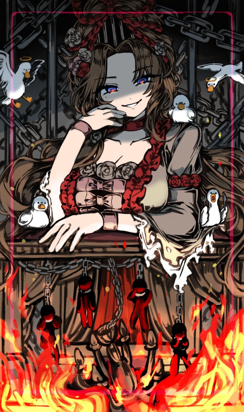 1girl bird black_background blue_eyes bow breasts brown_hair burnt_clothes chain choker curtained_hair dress dress_ribbon fire flower frilled_sleeves frills goose grey_dress grin highres indicant&#039;s_trial_(e.g.o) large_breasts limbus_company long_hair looking_at_viewer nra_3614 pink_bow project_moon red_choker red_pupils rodion_(project_moon) rose simple_background smile solo standing updo upper_body white_flower white_rose