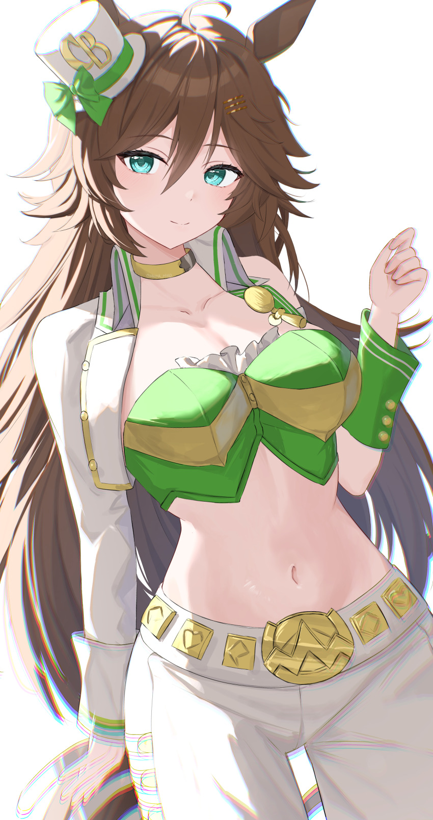 1girl absurdres ahoge anima_miko animal_ears aqua_eyes breasts brown_hair choker cleavage commentary cowboy_shot crop_top green_shirt hand_up hat highres horse_ears large_breasts long_hair long_sleeves looking_at_viewer midriff mini_hat mini_top_hat mr._c.b._(umamusume) navel pants shirt single_sleeve smile solo standing stomach strapless strapless_shirt top_hat umamusume very_long_hair white_pants wrist_cuffs yellow_choker