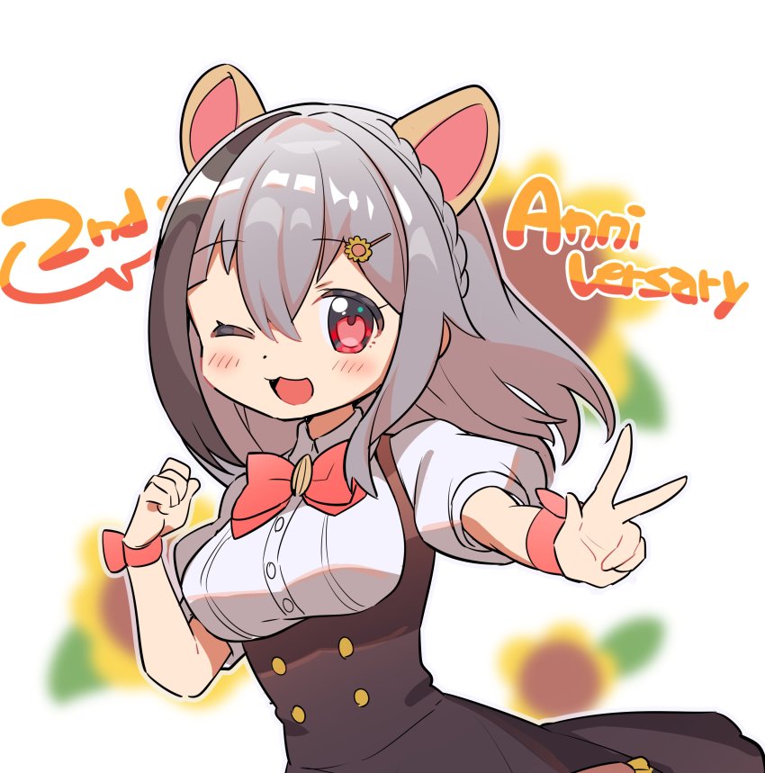 1girl :3 ;d absurdres black_hair blush bow bowtie bracelet buttons grey_hair hair_ornament highres hoshikawa_tefu indie_virtual_youtuber jewelry kirara_mimi looking_at_viewer medium_hair multicolored_hair one_eye_closed open_mouth red_bow red_bowtie red_eyes shirt short_sleeves smile solo streaked_hair upper_body v virtual_youtuber white_shirt