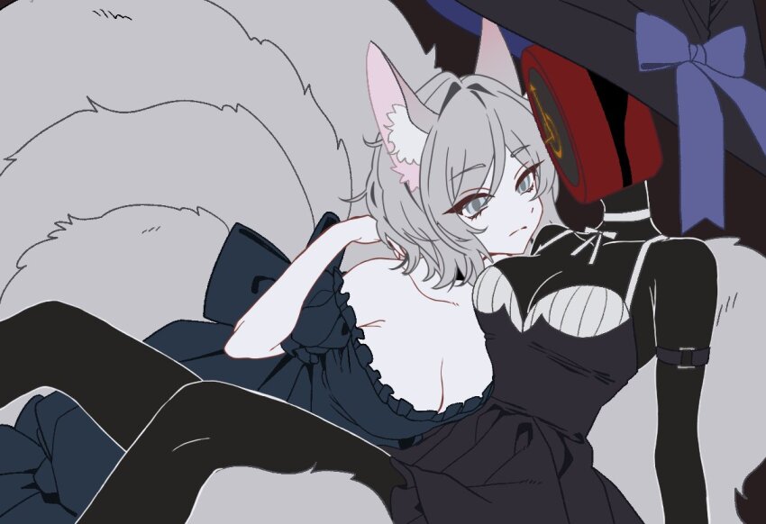 2girls animal_ears back_bow black_dress black_hat black_skin blue_bow blue_dress bow breasts cleavage clock colored_skin dante_(limbus_company) dress faust_(project_moon) fox_ears genderswap genderswap_(otf) hand_up hat hat_bow large_breasts limbus_company medium_breasts multiple_girls object_head off-shoulder_dress off_shoulder project_moon puffy_short_sleeves puffy_sleeves purple_bow rodionlotte short_hair short_sleeves white_hair witch_hat