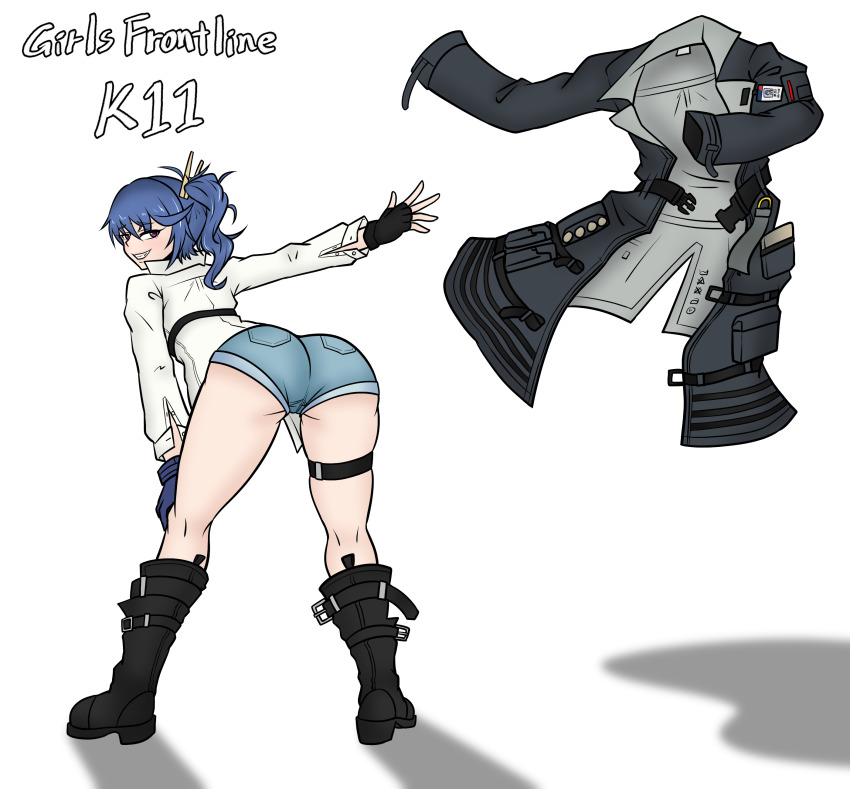 1girl 20x30mm_lv 20x30mm_lv_p_k168 absurdres ammunition artist_request ass bare_shoulders bent_over blue_hair boots cannon_cartridge coat denim denim_shorts explosive fingerless_gloves from_behind girls&#039;_frontline gloves grenade grenade_cartridge grin highres jacket k11_(girls&#039;_frontline) leaning leaning_forward long_hair looking_at_viewer looking_back ponytail practice_round purple_eyes short_shorts shorts smile solo subsonic_ammunition thigh_strap unworn_coat unworn_jacket