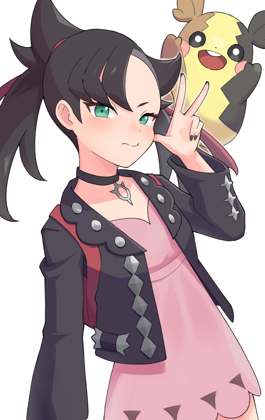 1girl :t asymmetrical_bangs backpack bag black_choker black_hair black_jacket black_nails choker closed_mouth dress flat_chest gen_8_pokemon green_eyes hair_ribbon hand_up highres jacket marnie_(pokemon) morpeko morpeko_(full) nintendo pink_dress pokemon pokemon_(creature) pokemon_swsh ribbon shinna_(user_zfuz4288) simple_background twintails w white_background