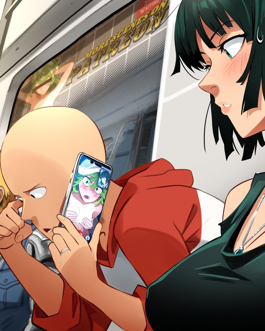 1girl 2boys absurdres bald blonde_hair blush breasts commentary covering_breasts covering_privates english_commentary fubuki_(one-punch_man) genos green_eyes green_hair highres holding holding_phone hood hood_down hooded_sweater indoors jewelry khyle. large_breasts leaning_forward medium_hair multiple_boys necklace one-punch_man open_mouth parted_lips phone ring saitama_(one-punch_man) siblings sisters sitting sweatdrop sweater tatsumaki tracen_training_uniform upper_body video_call wedding_ring you&#039;re_doing_it_wrong